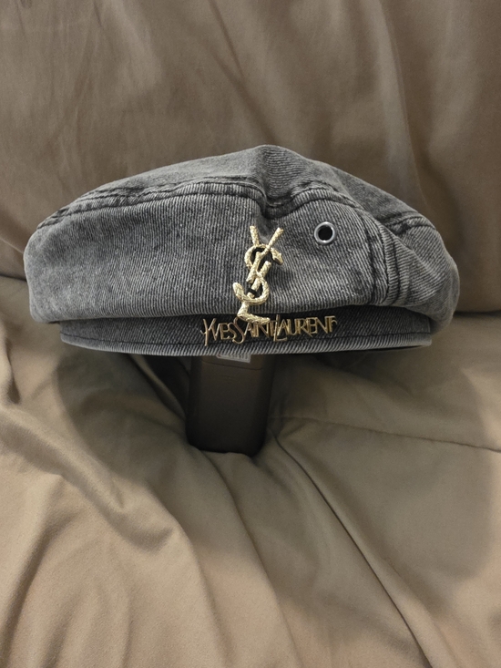 None Accessories - Look-A-Like Yves Saint Laurent Gray Corduroy Baker Boy Hat with Gold Logo